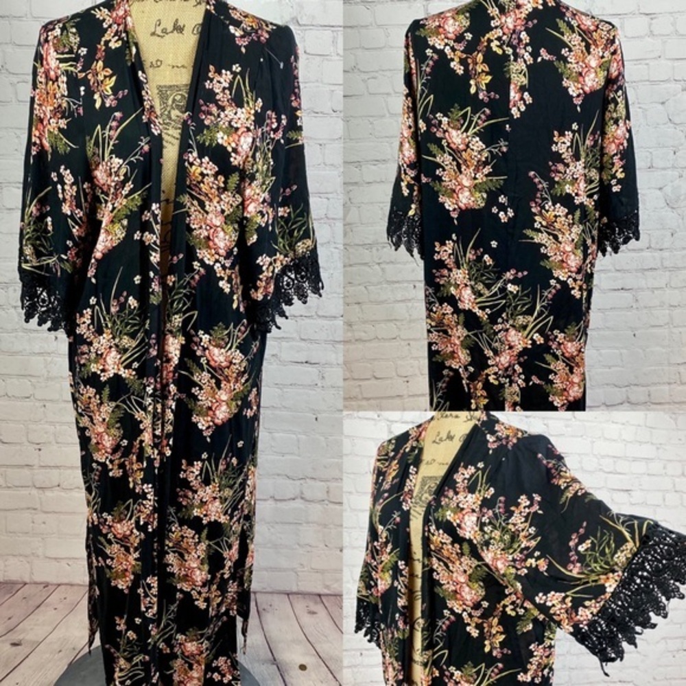 Jodifl Open Front Floral Lace Trim Kimono